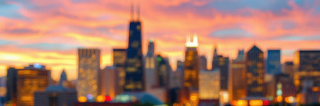 Breathtaking sunset over the Chicago skyline with blurred city buildings in the foregroundの素材