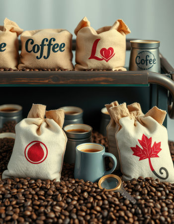 Varied coffee bags and accessories displayed on a wooden table filled with coffee beansの素材