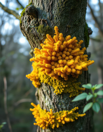Yellow slime mold thrives on a tree trunk in a forest during the morningの素材