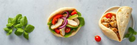 Freshly made pita wraps with vegetables and grilled chicken on a light marble countertopの素材