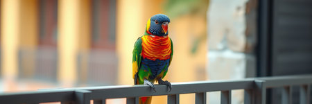 Rainbow lorikeet perched on a railing enjoying the morning sun in an urban environmentの素材