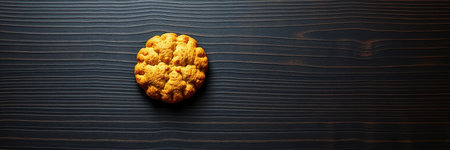 Freshly baked cookie sits on a dark wooden surface highlighting its texture and colorの素材