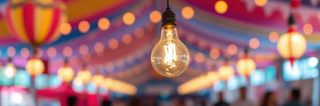 Bright lights illuminate a festive atmosphere at a lively event during the evening hours at a colorful venueの素材