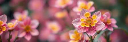 Vibrant pink and yellow flowers bloom in a lush garden, showcasing natures beauty during the spring seasonの素材
