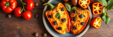 Colorful stuffed peppers with seasonal vegetables and spices arranged on a wooden tableの素材