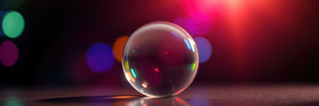 Clear glass orb illuminated by colorful lights on a smooth surface during a vibrant event at nightの素材