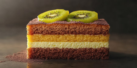 Delicious multi-layered cake with fresh kiwi slices on top served on a dark backgroundの素材