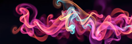 Colorful swirls of smoke dancing in vibrant hues against a dark backgroundの素材