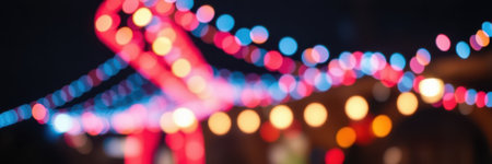 Brightly colored lights create a vibrant atmosphere at a festive celebration in the evening skyの素材