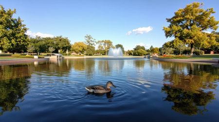 serene duck swims in calm pond surrounded by lush trees and fountain at middayの素材