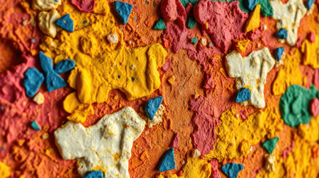 Vibrant textured wall featuring colorful paint splashes in various shapes and sizes located in an urban environmentの素材