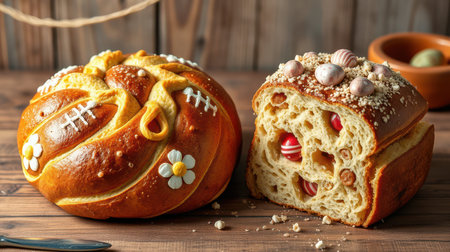 Decorative bread with sports theme and Easter elements displayed on rustic wooden tableの素材
