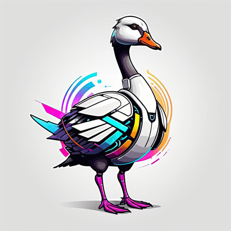 A robotic goose with vibrant designs stands out against a gray backgroundの素材