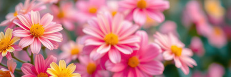 Beautiful pink and yellow flowers blooming in a garden during springtime afternoonの素材