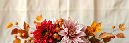 Colorful floral arrangement featuring vibrant red and pink flowers with autumn leaves against a textured backdropの素材