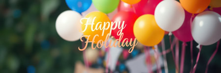 Colorful balloons celebrate joyful holidays with vibrant decorations in a festive settingの素材