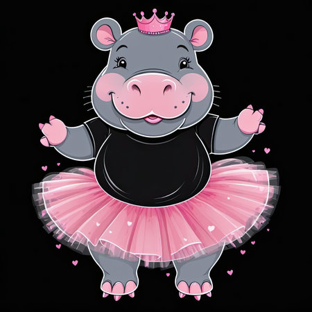 A smiling hippopotamus wearing a black shirt and pink tutu dances on a black backgroundの素材