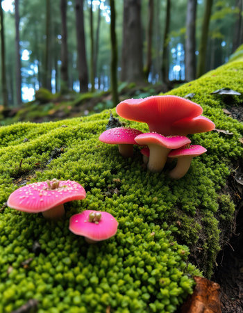 Colorful pink mushrooms grow on a mossy log in a serene forest during the early morning lightの素材