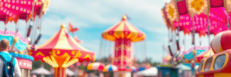 Colorful carnival rides fill the vibrant fairground under a bright blue sky in summerの素材
