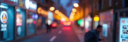 Vibrant city street at night with colorful lights and blurred motion in urban settingの素材