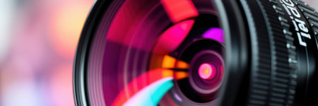 Camera lens captures vibrant colors in motion during a creative photography session in a studioの素材