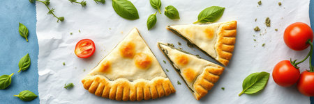 Delicious homemade calzone with fresh tomatoes and basil garnished on a blue backgroundの素材