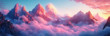 A panoramic view of a stunning mountain range at sunsetの素材