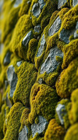 Lush moss thrives on a grey stone wall in the afternoon sunの素材