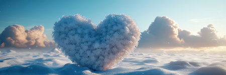 Snowy heart formation rests in a winter landscape under a partly cloudy skyの素材