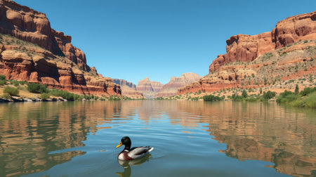 Duck swimming in calm waters surrounded by red rock formations in a scenic canyon lakeの素材