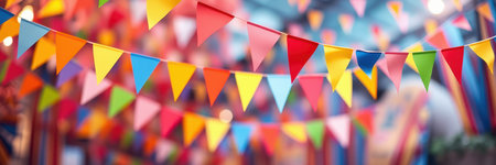 Colorful bunting adds festive spirit to a vibrant outdoor celebration during a sunny afternoonの素材