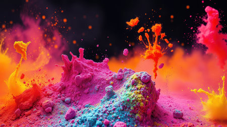 Vibrant colored powders creating a dynamic explosion effect in a creative celebration of colorsの素材