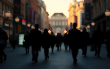 Crowd walking through a bustling city street during a sunset eveningの素材