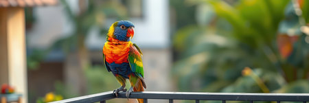 Colorful parrot perched on a railing in a vibrant garden during sunny afternoonの素材