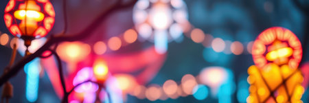 Colorful lanterns illuminate a festive night market with bright lights and cheerful decorations during a lively celebrationの素材