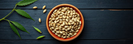 Seeds in a bowl with green leaves on a dark wooden surface during daylightの素材