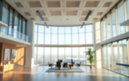 Modern office interior with large windows showcasing city skyline during daytimeの素材
