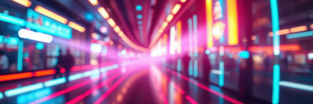 Colorful urban landscape at night with blurred lights and silhouettes of people walking through a vibrant environmentの素材