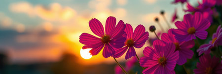 Bright pink flowers bloom under a vibrant sunset in a tranquil garden settingの素材