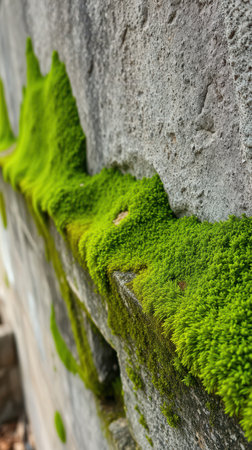 Lush green moss thrives along a weathered stone wall this afternoonの素材