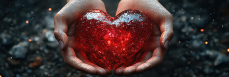 Close-up view of two hands carefully holding a large, glowing red heartの素材