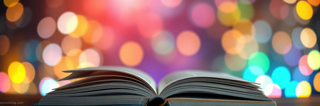 Open book with colorful bokeh background creates an inviting atmosphere for reading and creativity at nightの素材
