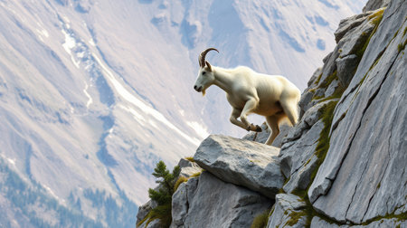 Mountain goat gracefully navigating rocky terrain in a breathtaking alpine landscapeの素材