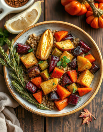 Roasted root vegetables and buckwheat create a hearty autumnal mealの素材