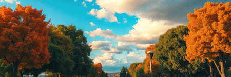 Autumn leaves in vibrant orange hues dominate the landscapeの素材