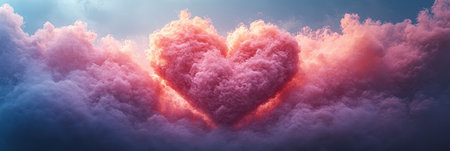 Fluffy clouds gather to form a large, distinct heart shape in the skyの素材