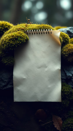 Blank notepad rests on moss-covered rock outdoors at middayの素材