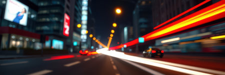 Vibrant city streets at night with blurred lights from passing cars and illuminated buildingsの素材