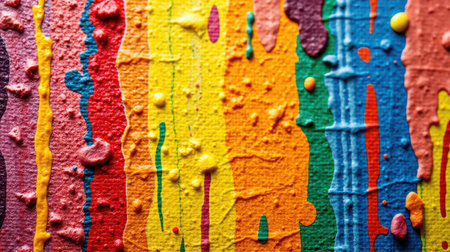 Vibrant paint drips and stripes create a colorful abstract pattern on a textured surfaceの素材