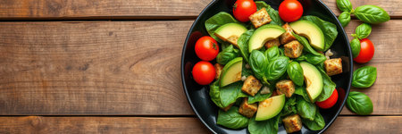 Fresh avocado salad with cherry tomatoes and basil on a rustic wooden tableの素材